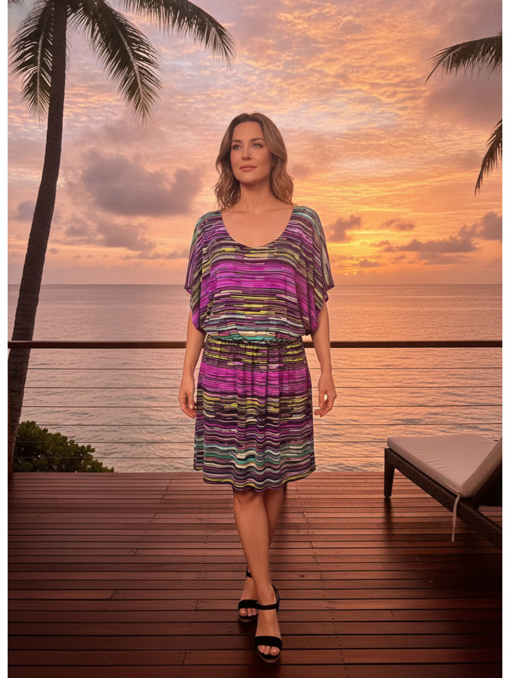 175 Vibrant Striped Purple Dress with Elastic Waist - Size Large